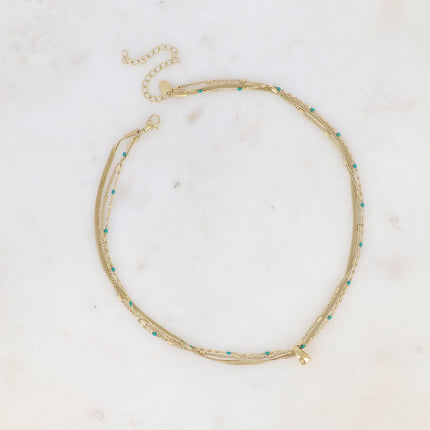 Collier 3 rangs Mériane - anneau avec maille grain de café émaillée, forçat et tubes et miroir