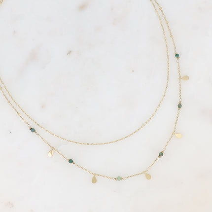 Collier 2 rangs Séléné - maille café plat, boules avec pampilles gouttes et pierres naturelles rondes