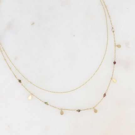 Collier 2 rangs Séléné - maille café plat, boules avec pampilles gouttes et pierres naturelles rondes