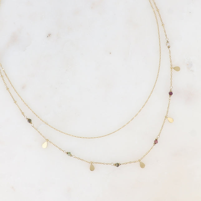 Selene 2-strand necklace - flat coffee-colored chain, beads with teardrop-shaped tassels and round natural stones