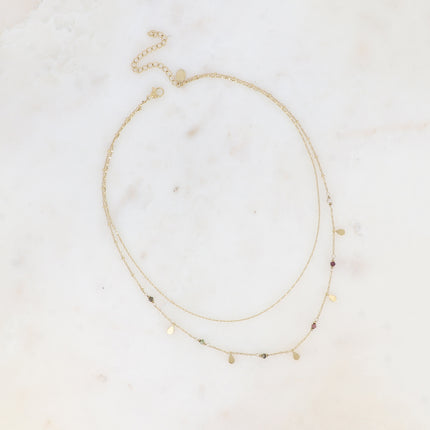Collier 2 rangs Séléné - maille café plat, boules avec pampilles gouttes et pierres naturelles rondes