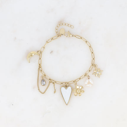 Bracelet - maille aux anneaux ovales avec breloques (coeur nacré, fleur, étoile, perles d'eau douce, lune, cristaux)