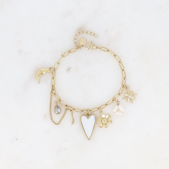 Bracelet - maille aux anneaux ovales avec breloques (coeur nacré, fleur, étoile, perles d'eau douce, lune, cristaux)