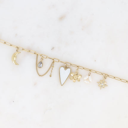 Bracelet - maille aux anneaux ovales avec breloques (coeur nacré, fleur, étoile, perles d'eau douce, lune, cristaux)