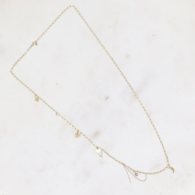 Long necklace - oval chain with charms (mother-of-pearl heart, flower, star, freshwater pearls, moon, crystals)