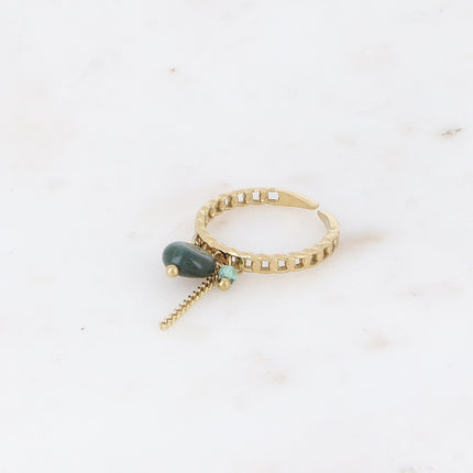 Bague à pampilles - anneau effet maille ajourée avec pierres naturelles, pastille ronde et chaîne pendante