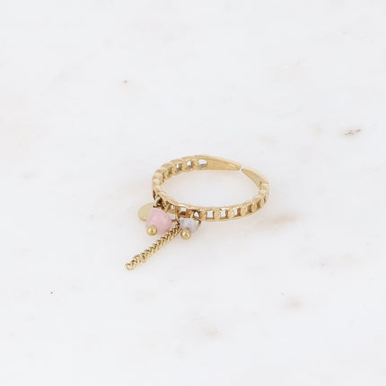 Bague à pampilles - anneau effet maille ajourée avec pierres naturelles, pastille ronde et chaîne pendante