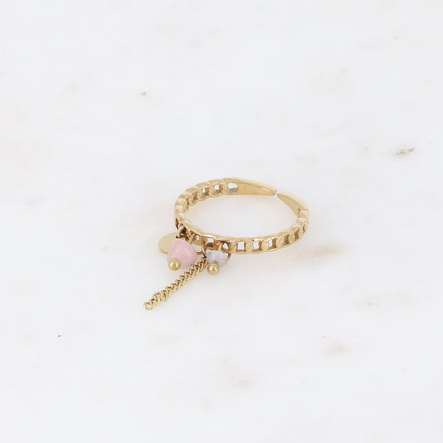 Bague à pampilles - anneau effet maille ajourée avec pierres naturelles, pastille ronde et chaîne pendante