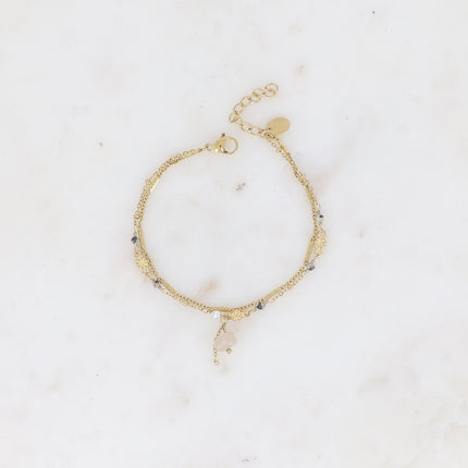 Bracelet 2 rangs - maille forçat alternée, avec boules et pierres naturelles