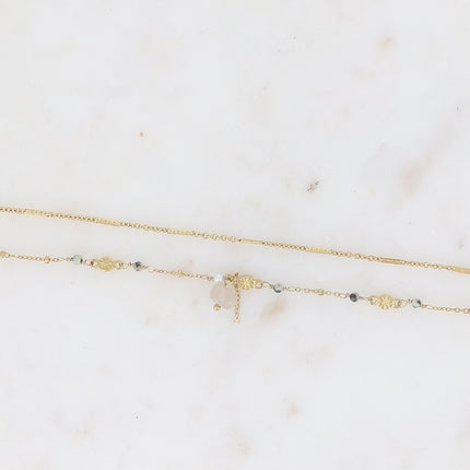 Bracelet 2 rangs - maille forçat alternée, avec boules et pierres naturelles