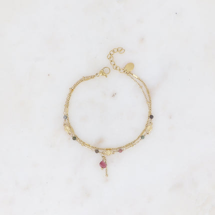Bracelet 2 rangs - maille forçat alternée, avec boules et pierres naturelles