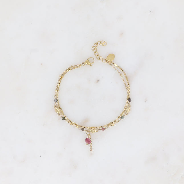 Bracelet 2 rangs - maille forçat alternée, avec boules et pierres naturelles