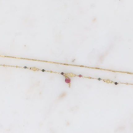 Bracelet 2 rangs - maille forçat alternée, avec boules et pierres naturelles