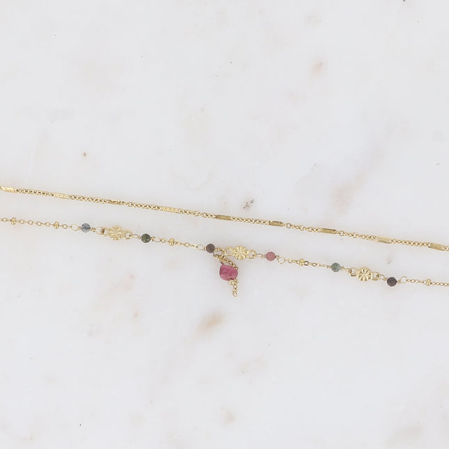 Bracelet 2 rangs - maille forçat alternée, avec boules et pierres naturelles