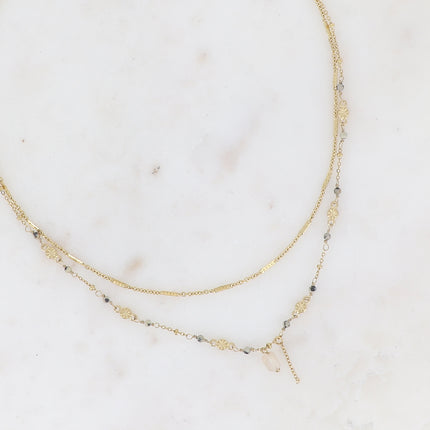 Collier 2 rangs - maille forçat alternée, avec boules et pierres naturelles