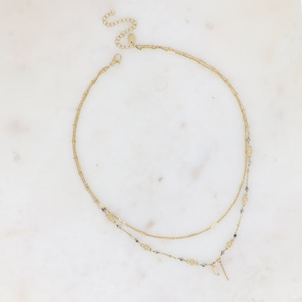 Collier 2 rangs - maille forçat alternée, avec boules et pierres naturelles