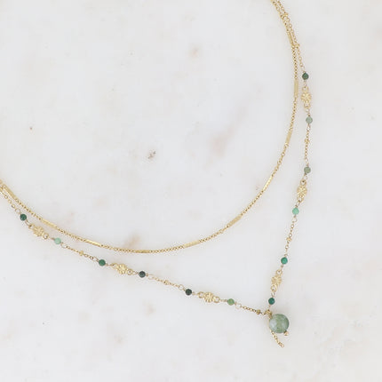 Collier 2 rangs - maille forçat alternée, avec boules et pierres naturelles