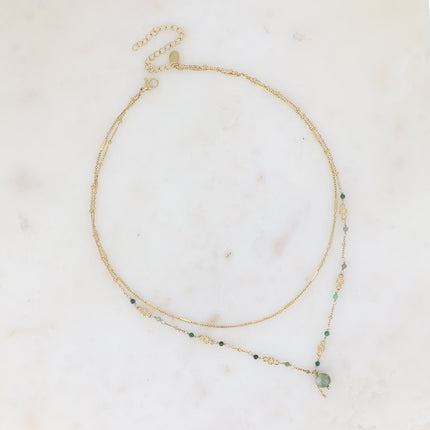 Collier 2 rangs - maille forçat alternée, avec boules et pierres naturelles