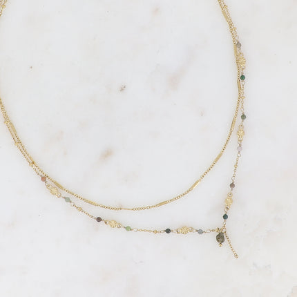 Collier 2 rangs - maille forçat alternée, avec boules et pierres naturelles