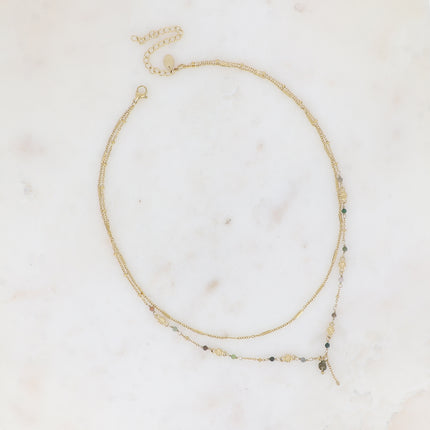 Collier 2 rangs - maille forçat alternée, avec boules et pierres naturelles