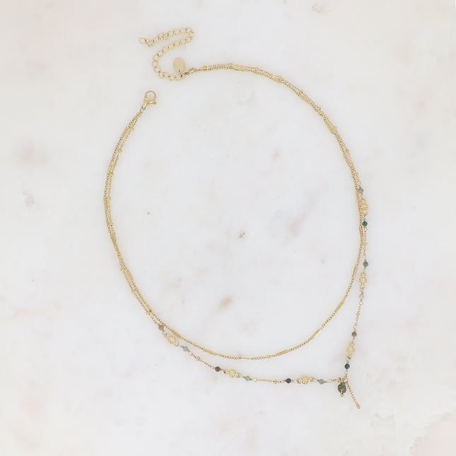 Two-strand necklace - alternating curb chain, with beads and natural stones
