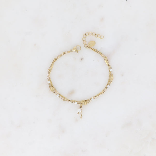 Bracelet 2 rangs - maille forçat alternée, avec boules et perles d'eau douce
