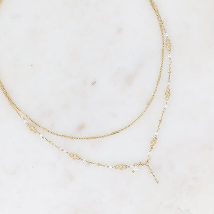 Collier 2 rangs - maille forçat alternée, avec boules et perles d'eau douce