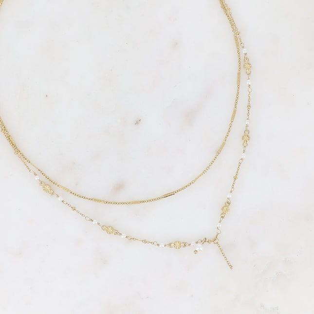 Collier 2 rangs - maille forçat alternée, avec boules et perles d'eau douce