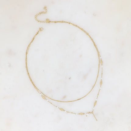 Collier 2 rangs - maille forçat alternée, avec boules et perles d'eau douce