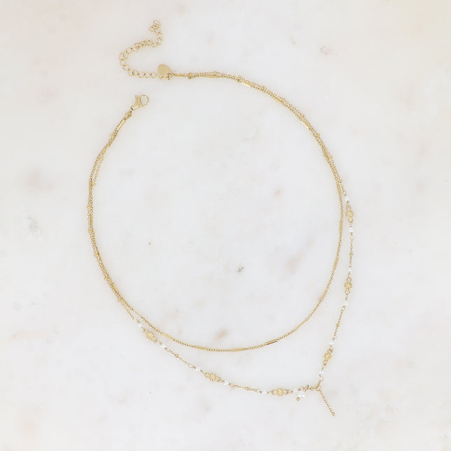 Collier 2 rangs - maille forçat alternée, avec boules et perles d'eau douce