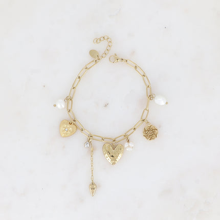 Bracelet Bethany - maille ovale avec breloques (coeurs, fleur, étoiles, perles d'eau douce, pâtes de verre et cristaux)