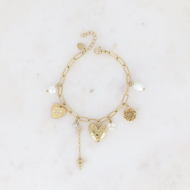 Bracelet Bethany - maille ovale avec breloques (coeurs, fleur, étoiles, perles d'eau douce, pâtes de verre et cristaux)