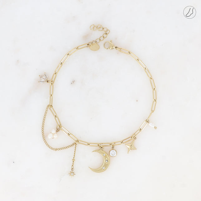 Chevillère - maille ovale avec breloques (lune, étoile, perles d'eau douce et cristaux)