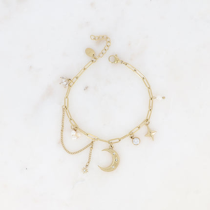 Bracelet - maille ovale avec breloques (lune, étoile, perles d'eau douce et cristaux)