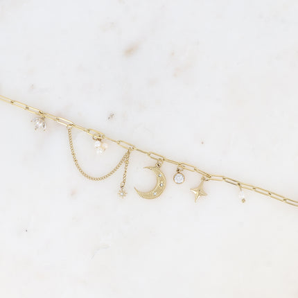 Bracelet - maille ovale avec breloques (lune, étoile, perles d'eau douce et cristaux)