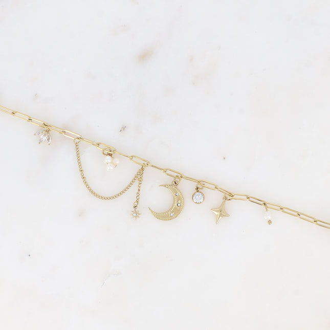 Bracelet - maille ovale avec breloques (lune, étoile, perles d'eau douce et cristaux)