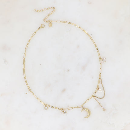 Collier - maille ovale avec breloques (lune, étoile, perles d'eau douce et cristaux)