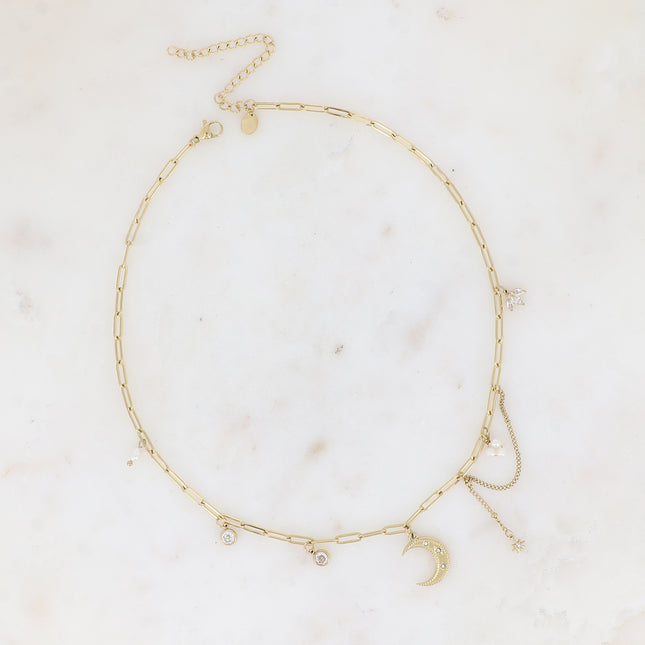 Collier - maille ovale avec breloques (lune, étoile, perles d'eau douce et cristaux)