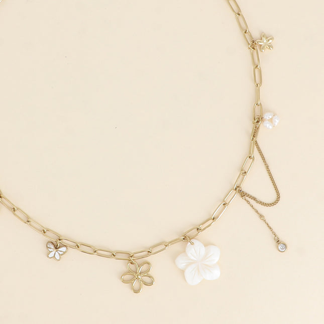 Necklace - chain with 23mm mother-of-pearl flower and charms (flowers, butterfly, crystal and freshwater pearls)