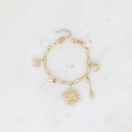 Bracelet Isméria - maille avec breloques (soleil, coeur, lune, oiseau, perles d'eau douce et cristal)