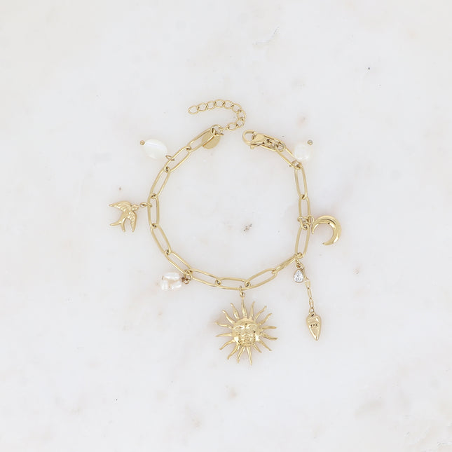 Ismeria Bracelet - mesh with charms (sun, heart, moon, bird, freshwater pearls and crystal)
