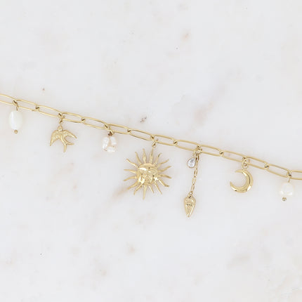 Bracelet Isméria - maille avec breloques (soleil, coeur, lune, oiseau, perles d'eau douce et cristal)