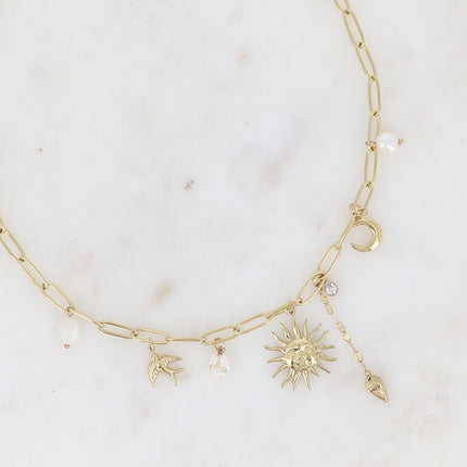 Collier Isméria - maille avec breloques (soleil, coeur, lune, oiseau, perles d'eau douce et cristal)