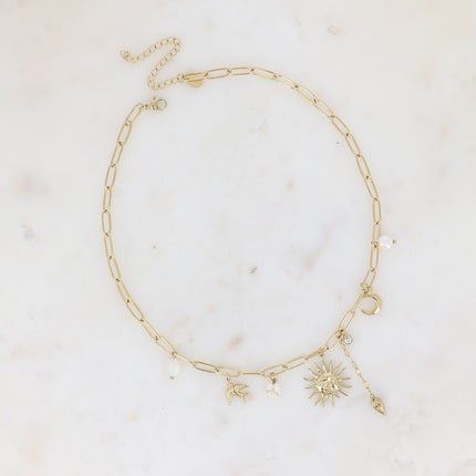 Collier Isméria - maille avec breloques (soleil, coeur, lune, oiseau, perles d'eau douce et cristal)
