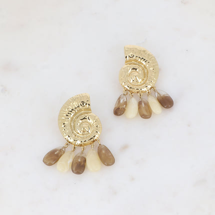 Boucles pendantes Seava - coquillage escargot avec 5 perles gouttes acétates