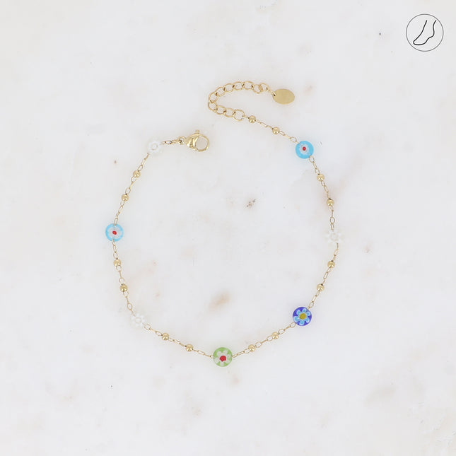 Chevillère - perles rondes avec motif fleur en acétate