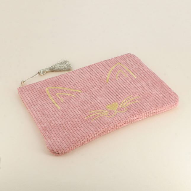 Trousse - tête de chat - velours côtelé - 20 x 14 cm