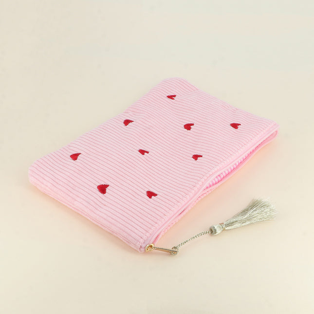 Pencil case - small hearts - corduroy - 20 x 14 cm
