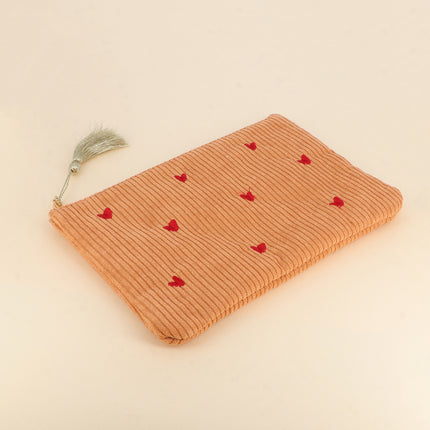 Pencil case - small hearts - corduroy - 20 x 14 cm