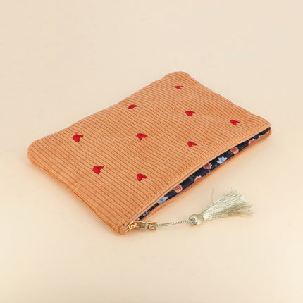 Pencil case - small hearts - corduroy - 20 x 14 cm